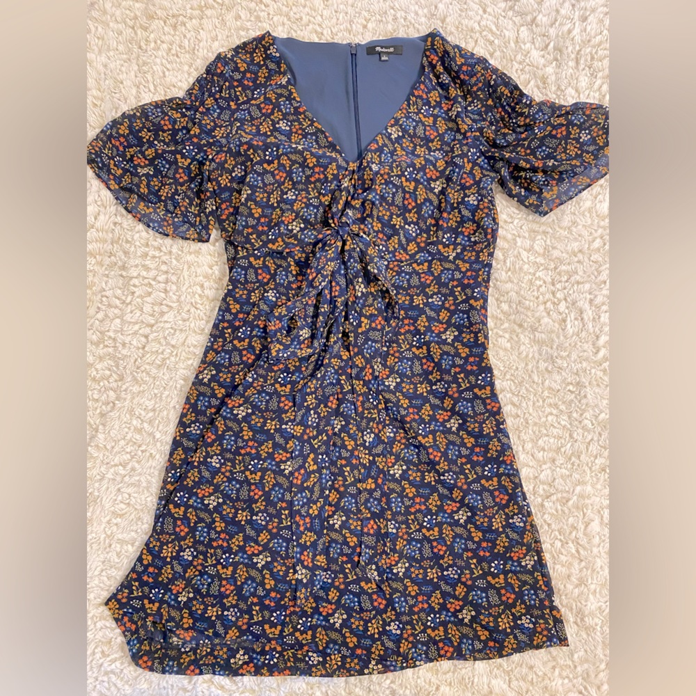Madewell Blue Floral Mini Dress with Bow Detail on Chest - Picture 3 of 9
